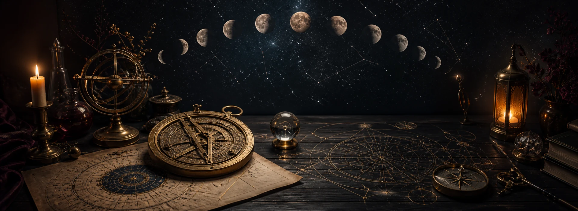 Strumenti astronomici e mappe simboliche sotto le fasi della Luna